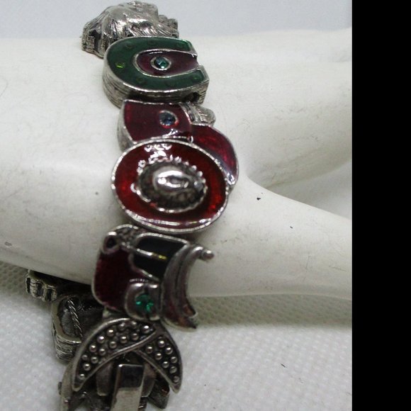 Western Slide Bracelet Rhinestone Enamel Charm Silver Tone Bracelet - Picture 2 of 9